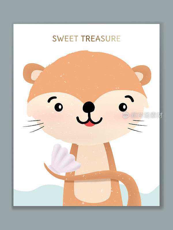 Vector Luxury Cartoon Animal Illustration Card Design for Birthday Celebration, Welcome, Event Invitation or Greeting. Otter with Shellfish.